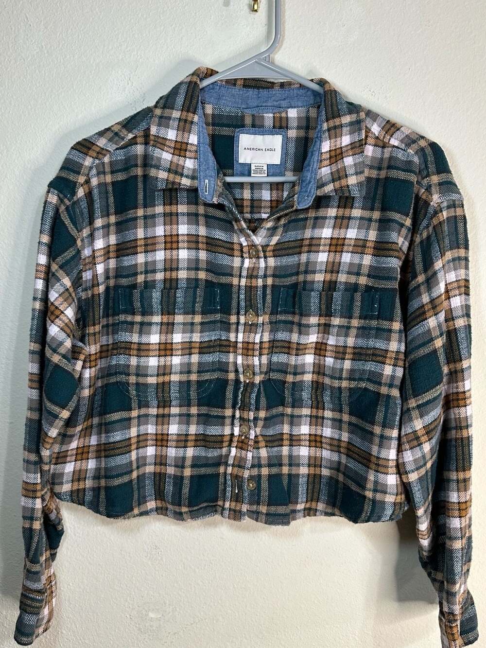 American Eagle Cropped Flannel Plaid Button Down Shirt Green and Brown